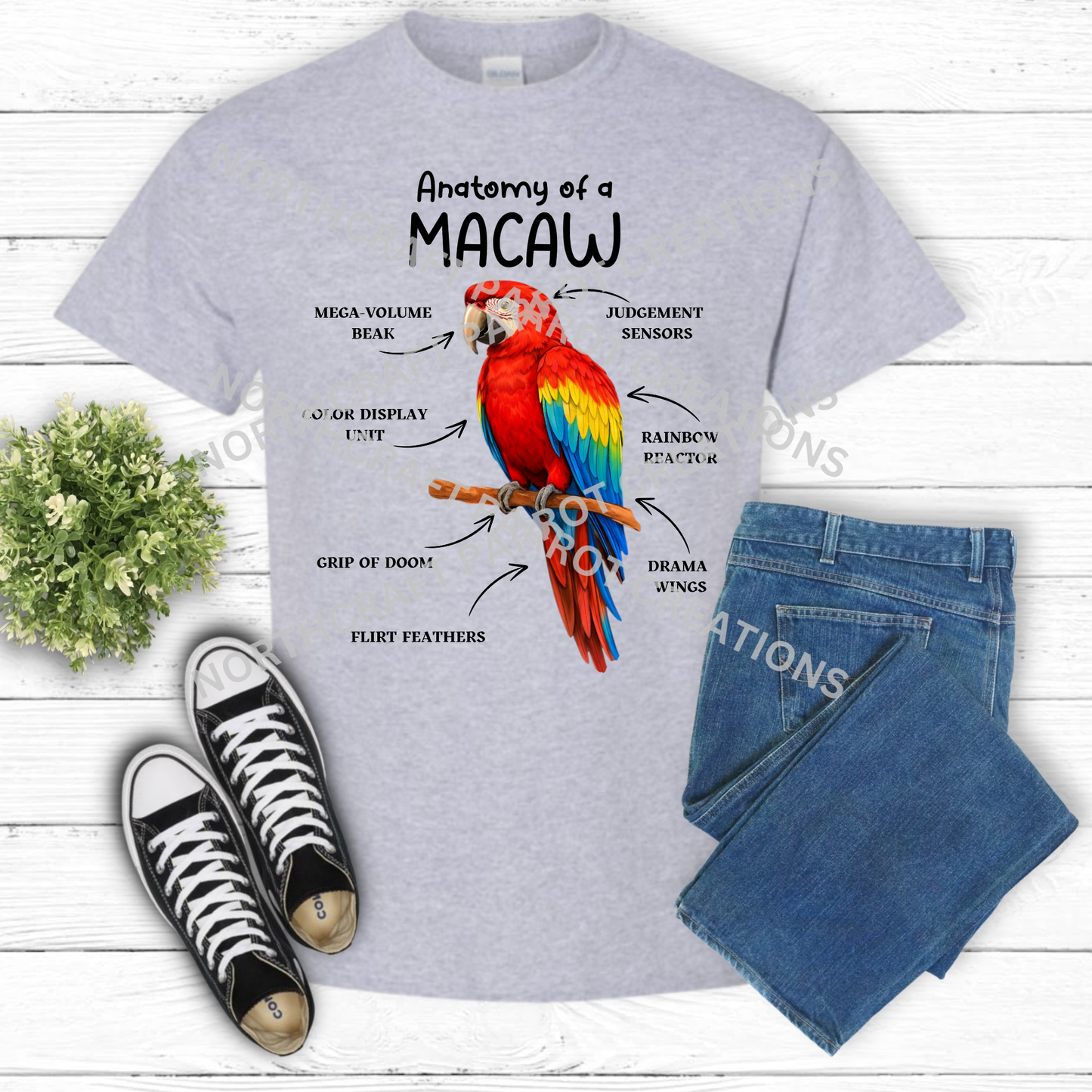 Scarlet Macaw "Anatomy of a Macaw" Descriptive Labels 100% Cotton Parrot Shirt