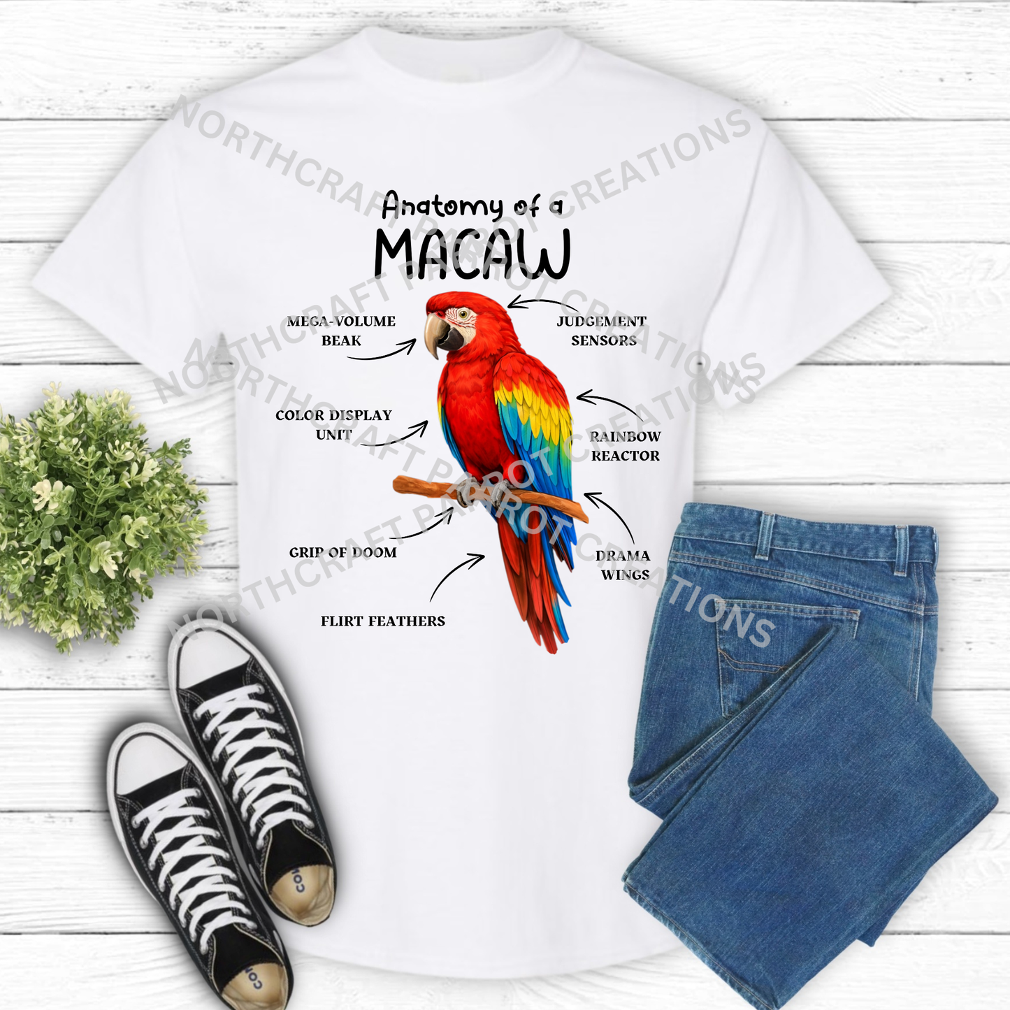 Scarlet Macaw "Anatomy of a Macaw" Descriptive Labels 100% Cotton Parrot Shirt