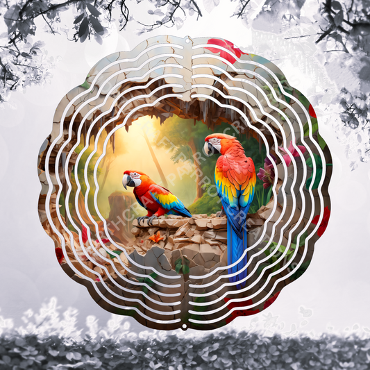Scarlet Macaw Pair Perched on Rocks in Rainforest 8" or 10" Wind Spinner