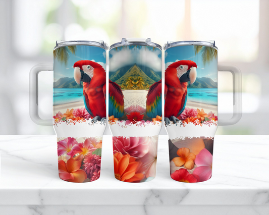 Scarlet Macaw on a Beach with Flowers 40oz Tumbler
