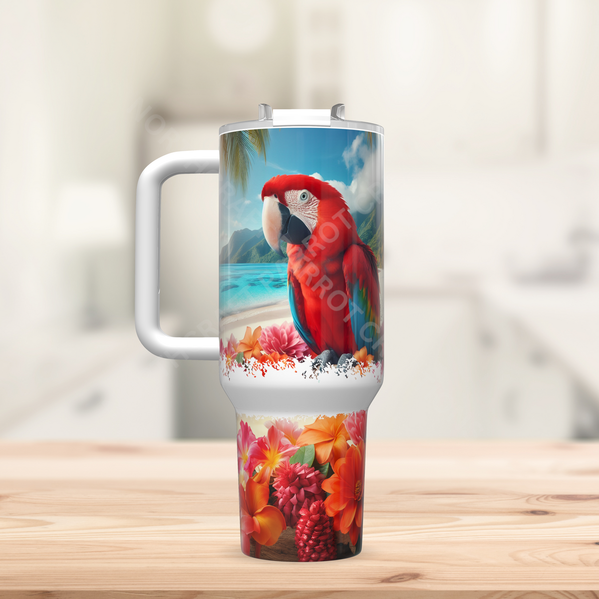 Scarlet Macaw on a Beach with Flowers 40oz Stainless Steel Tumbler
