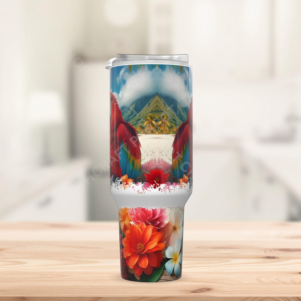 Scarlet Macaw on a Beach with Flowers 40oz Stainless Steel Tumbler