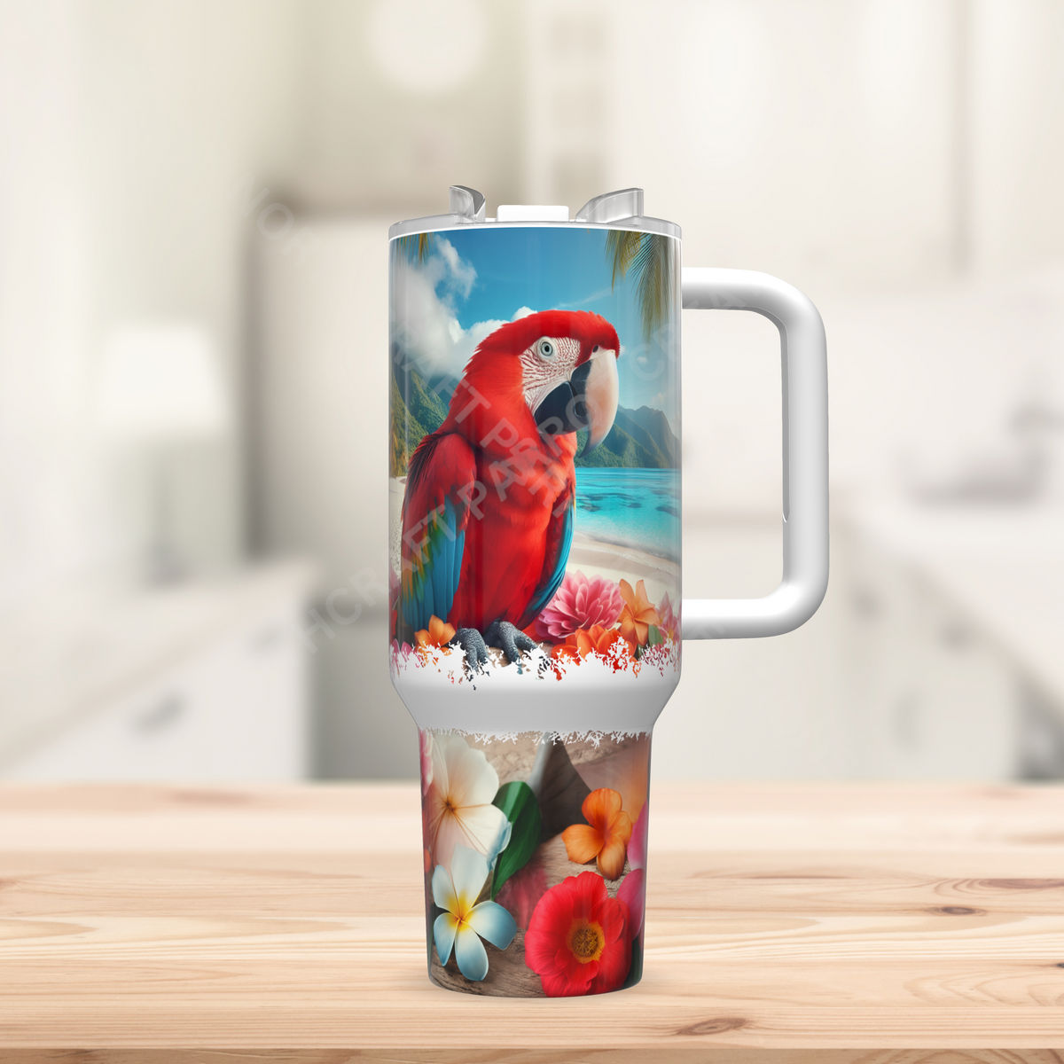 Scarlet Macaw on a Beach with Flowers 40oz Stainless Steel Tumbler
