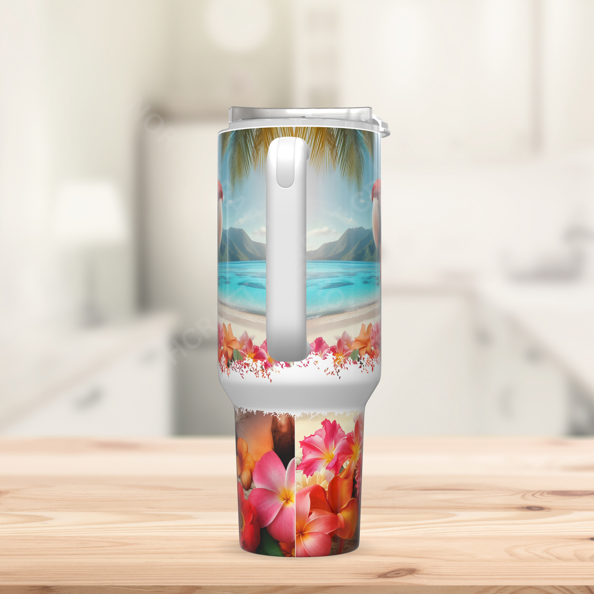 Scarlet Macaw on a Beach with Flowers 40oz Stainless Steel Tumbler