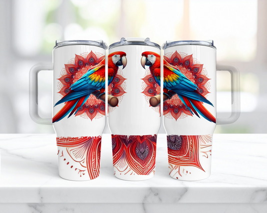 Scarlet Macaw on a red Mandala Background 40oz Tumbler