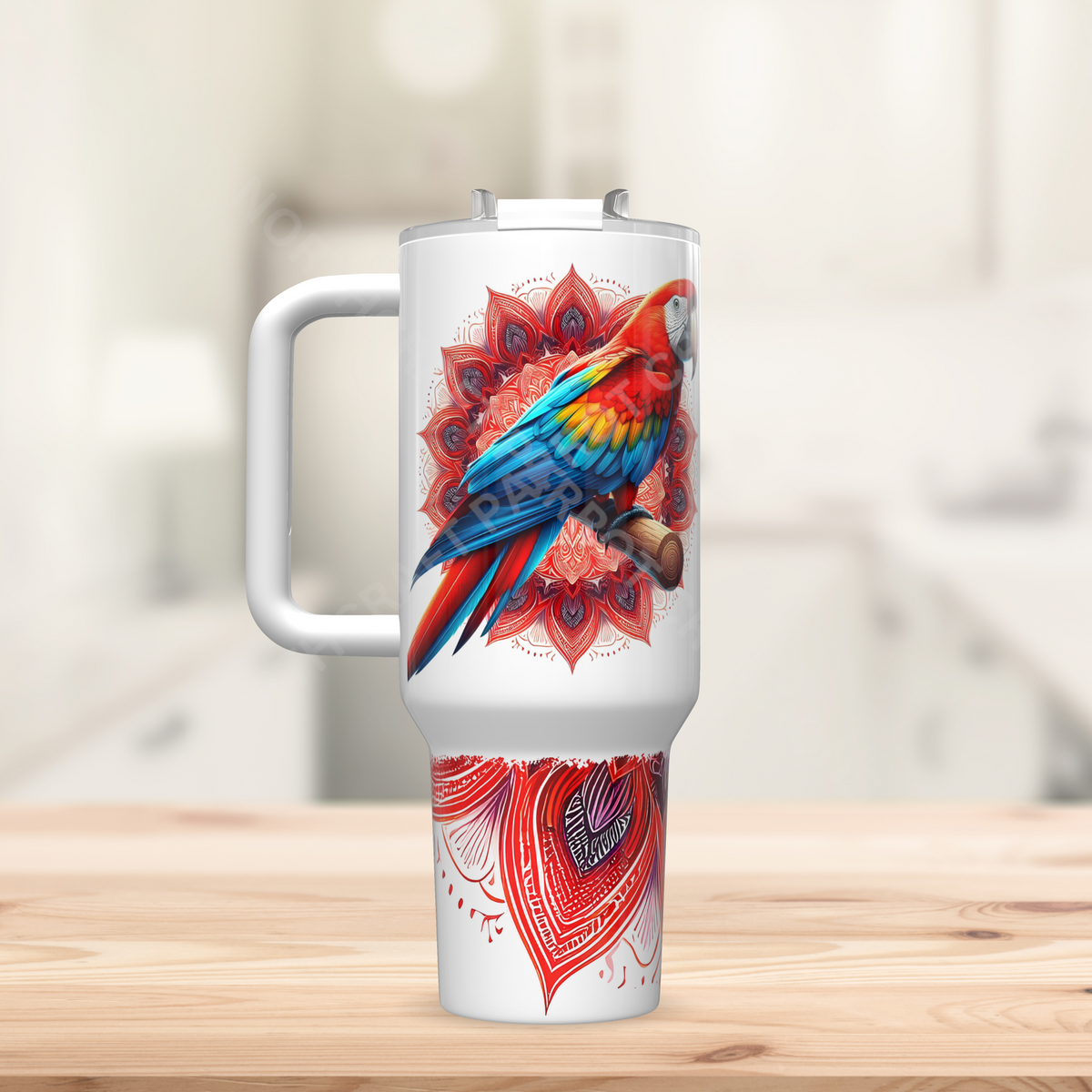 Scarlet Macaw on a red Mandala Background 40oz Stainless Steel Tumbler