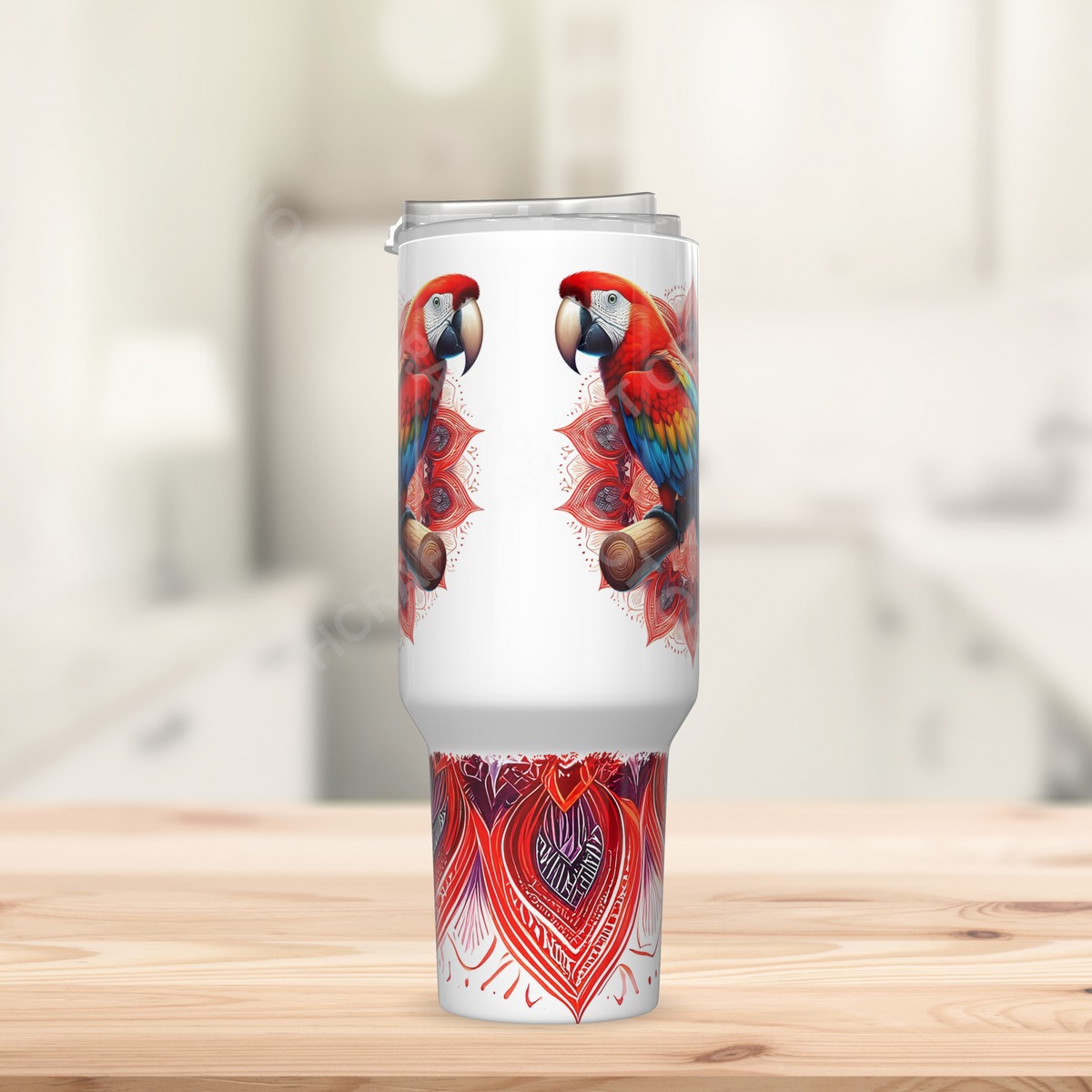 Scarlet Macaw on a red Mandala Background 40oz Stainless Steel Tumbler