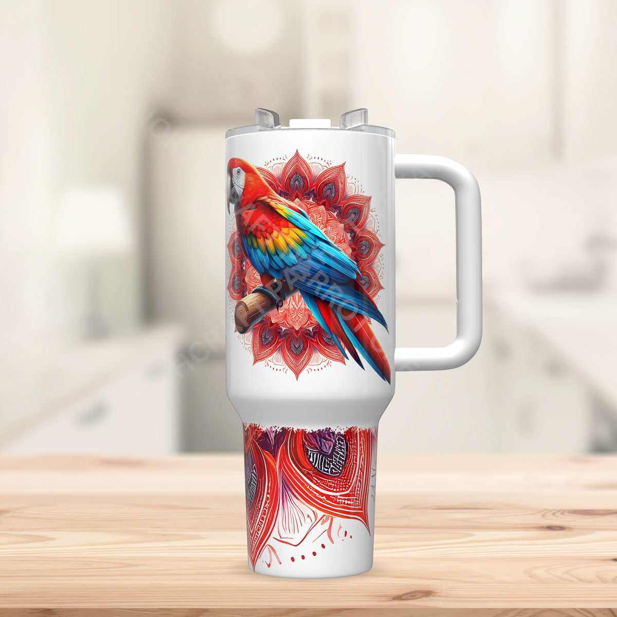 Scarlet Macaw on a red Mandala Background 40oz Stainless Steel Tumbler
