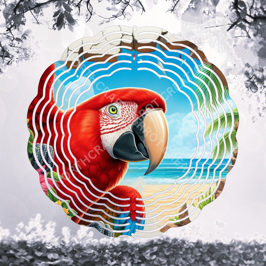 Scarlet Macaw Peeking Around on a Beach Scene 8" or 10" Wind Spinner