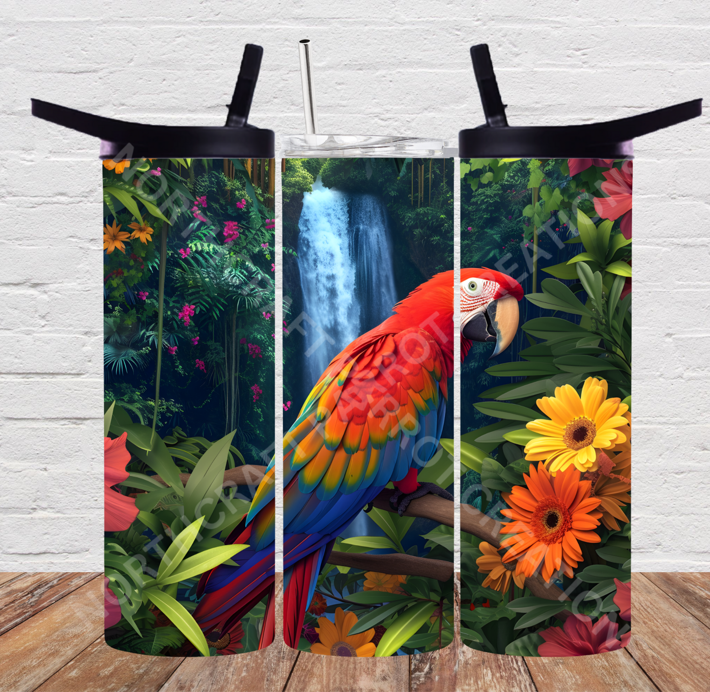 Scarlet Macaw with Waterfall 20oz or 30oz Tumbler