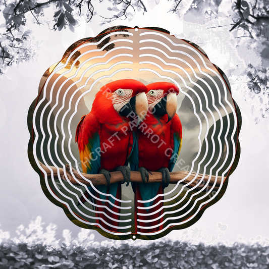 Scarlet Macaw Pair Perched on Branch 8" or 10" Wind Spinner