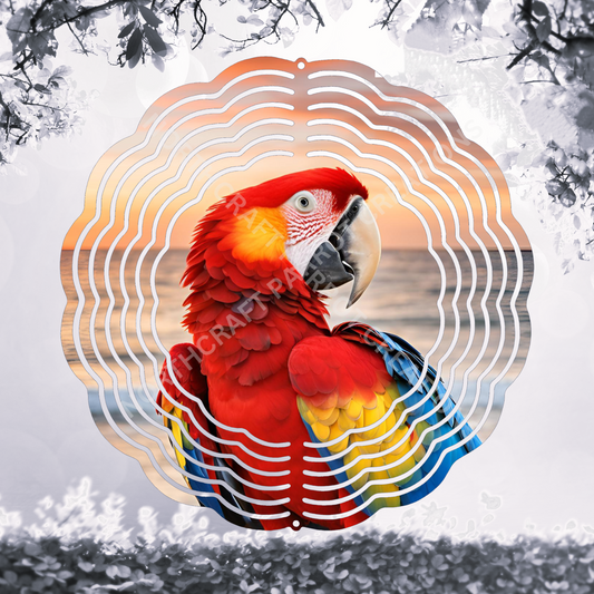 Scarlet Macaw on a Beach with a Sunset 8" or 10" Wind Spinner