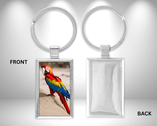 Scarlet Macaw at the Beach Rectangle Metal Keychain