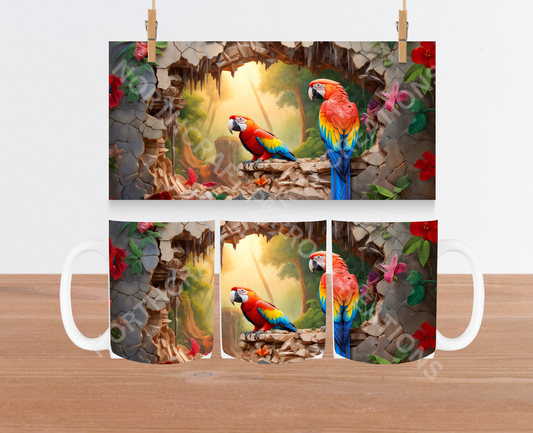 Scarlet Macaw Pair in a Broken Wall 15oz Ceramic Mug