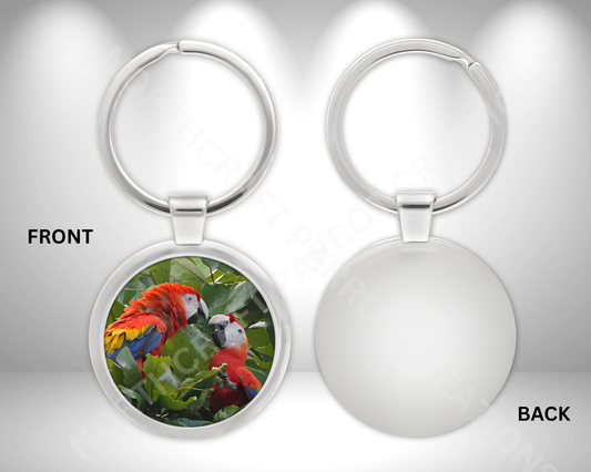 Scarlet Macaw Pair in Leaves Circle Metal Keychain