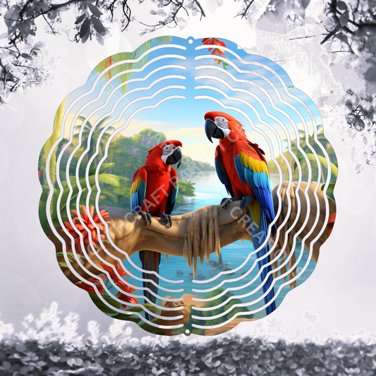 Scarlet Macaw Pair Amid Serene Rainforest 8" or 10" Wind Spinner