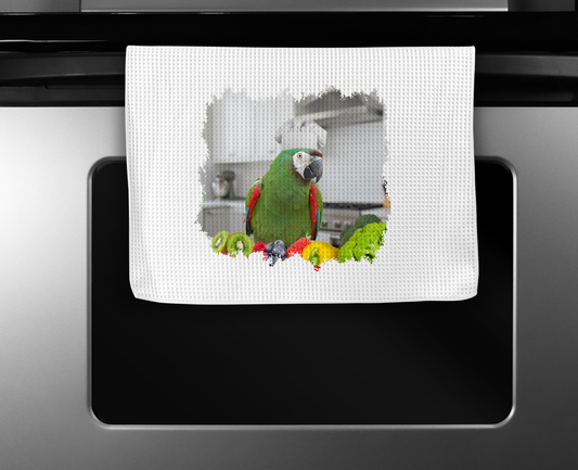 Severe Macaw in Kitchen with Chef Hat Microfiber Kitchen Towel