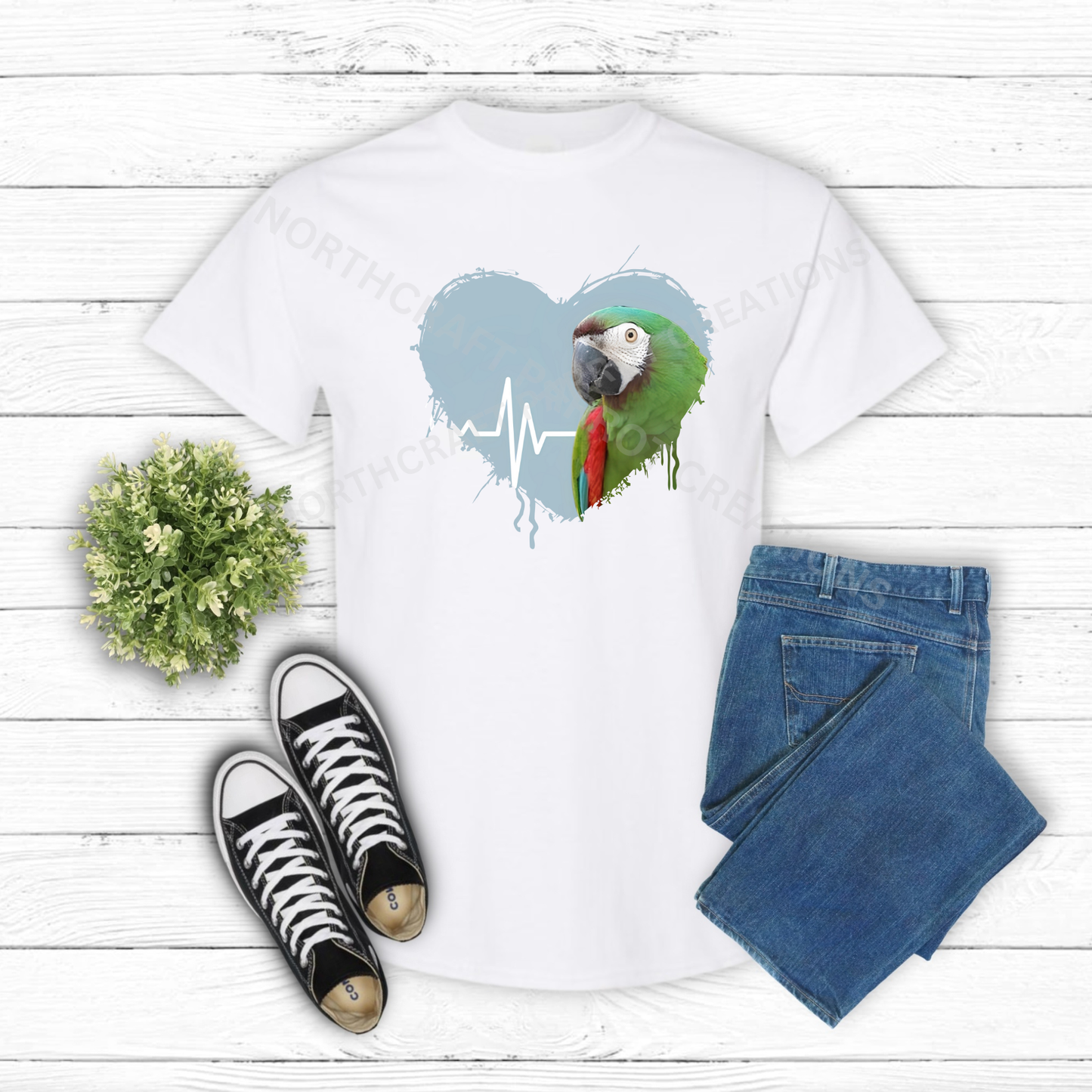 Severe Macaw in heart with heartbeat line 100% Cotton Shirt