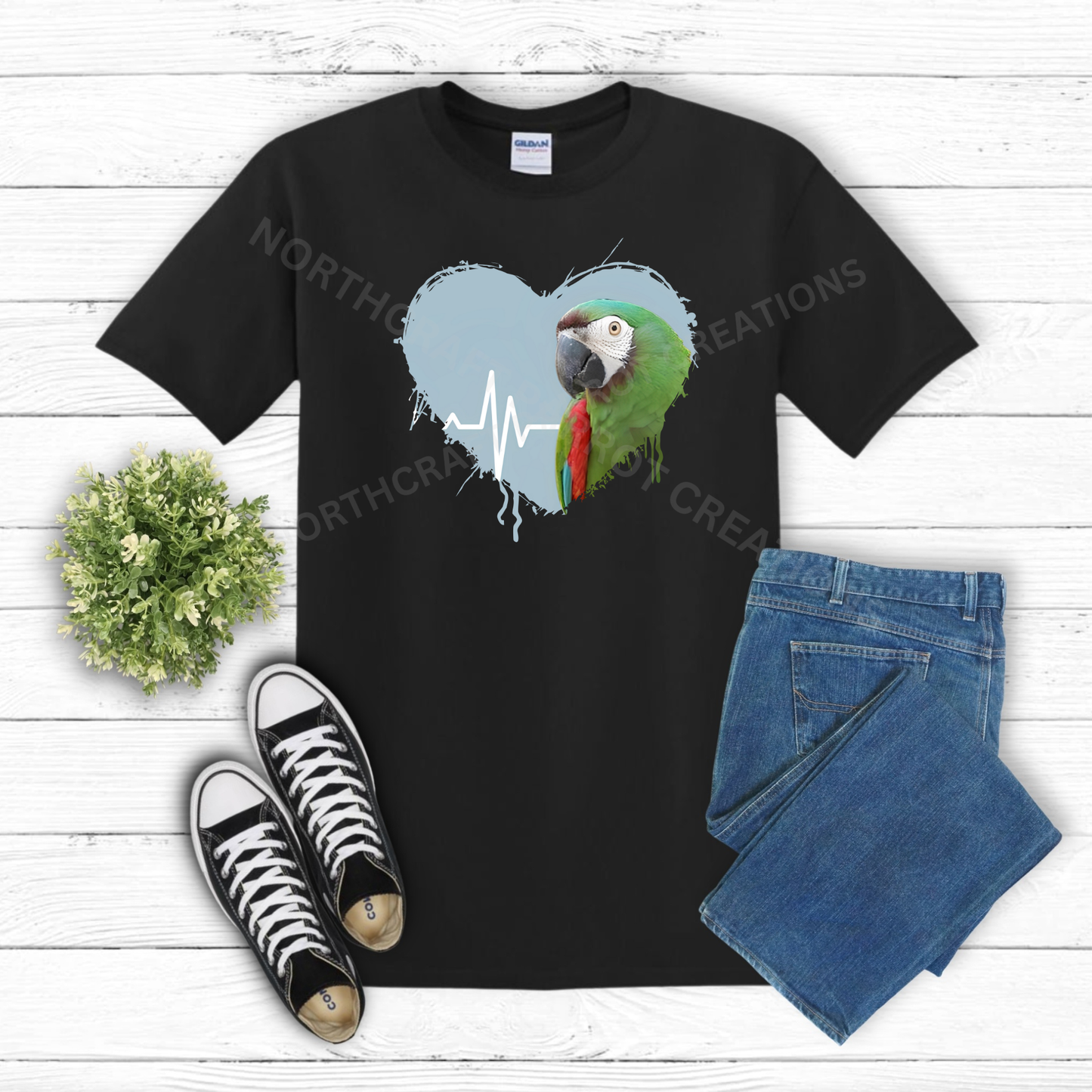 Severe Macaw in heart with heartbeat line 100% Cotton Shirt