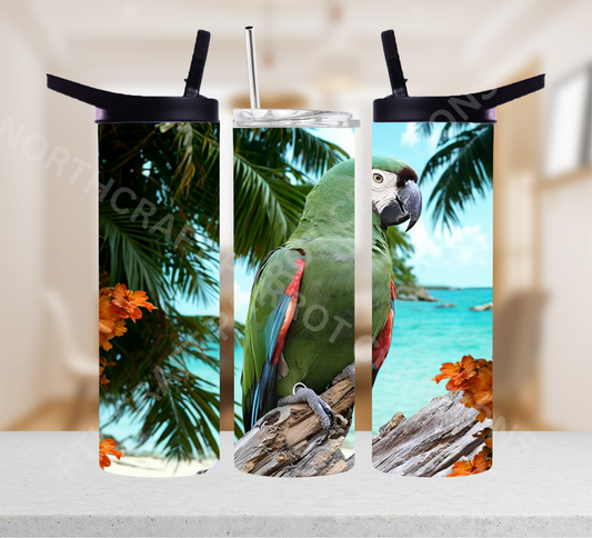 Severe Macaw on a Log on the Beach 20oz or 30oz Tumbler