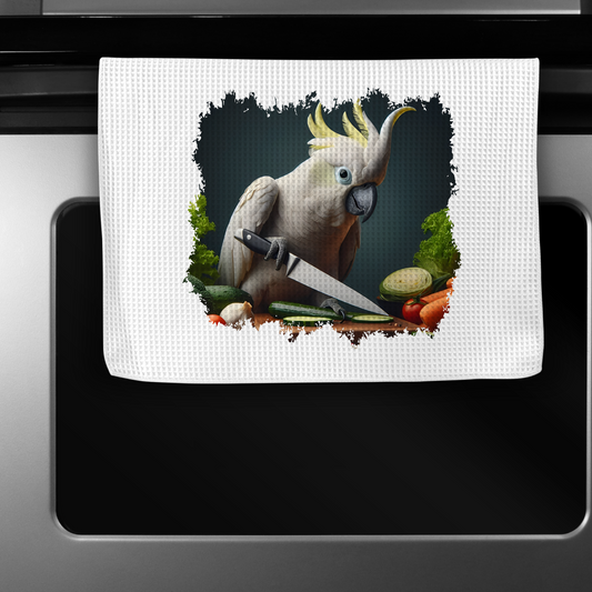 Sulfur Crested Cockatoo Holding a Knife Microfiber Kitchen Towel