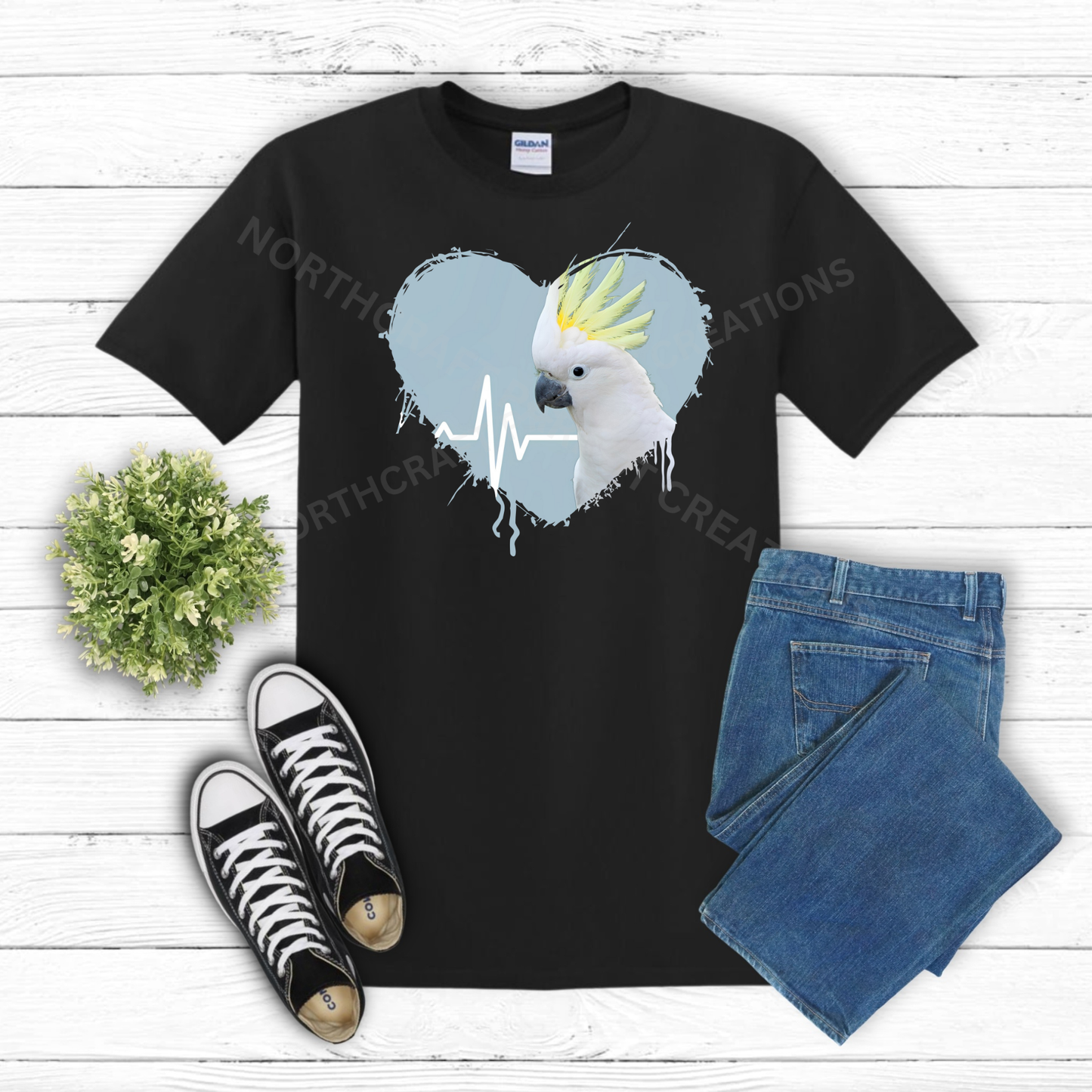 Sulfur Crested Cockatoo in Heart with Heartbeat Line 100% Cotton Shirt