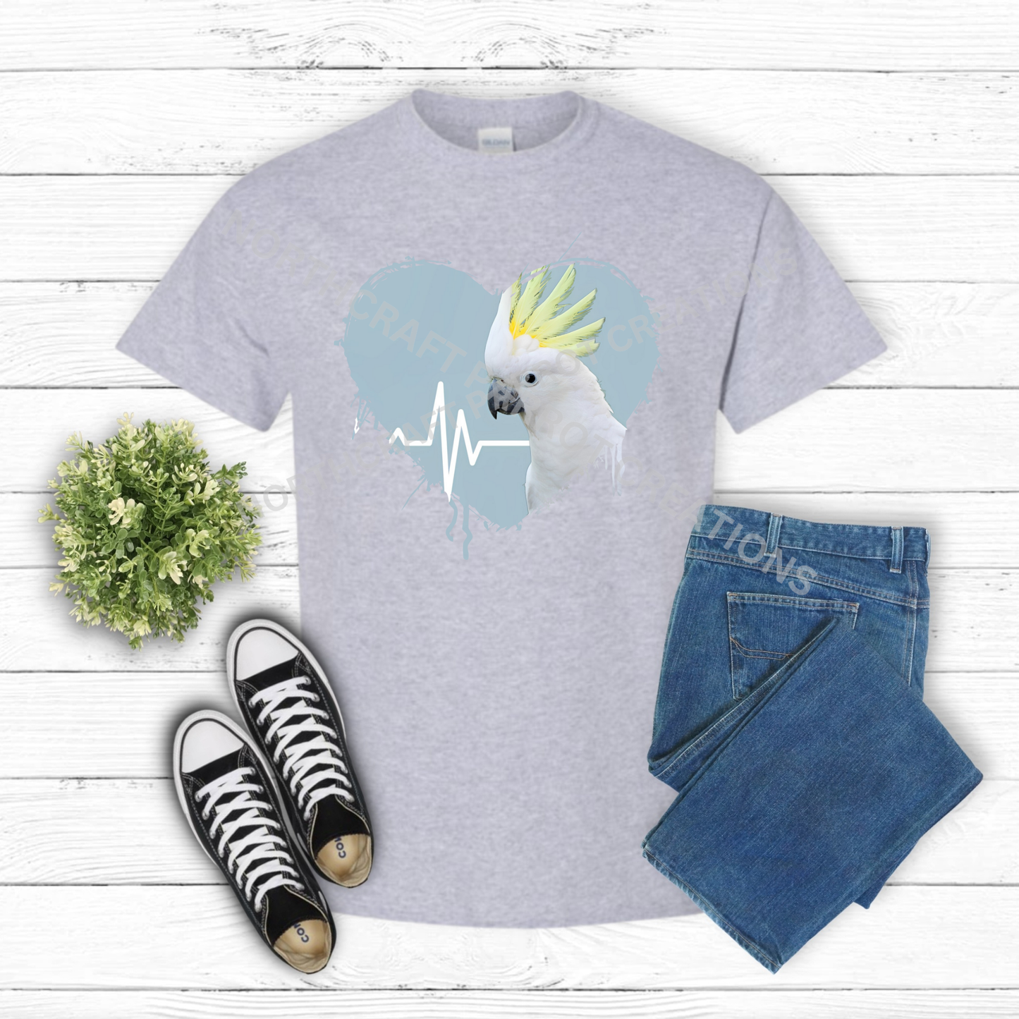 Sulfur Crested Cockatoo in Heart with Heartbeat Line 100% Cotton Shirt