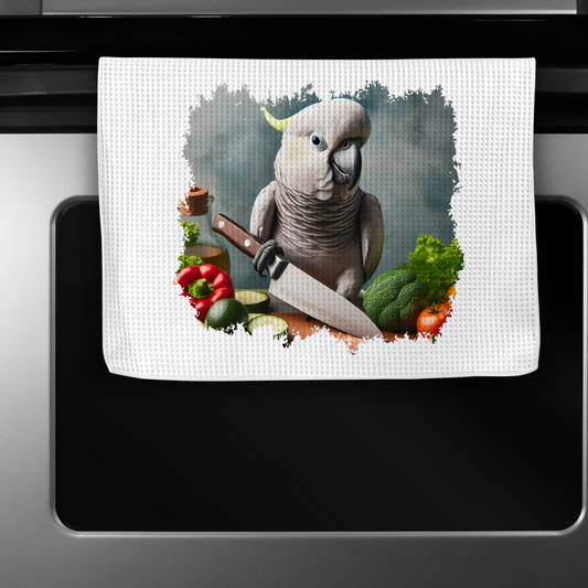 Sulfur-Crested Cockatoo with Veggies & Knife Microfiber Kitchen Towel