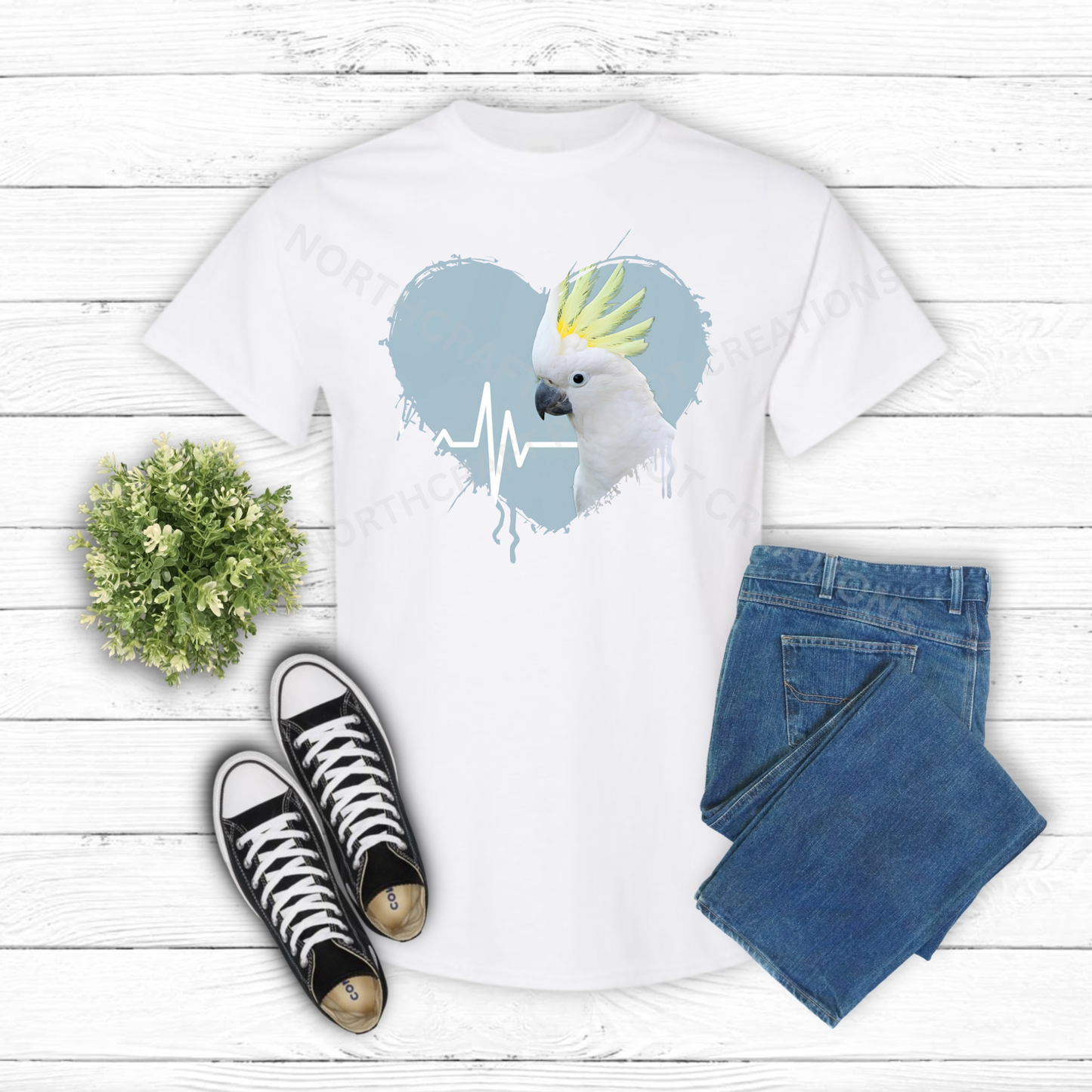 Sulfur Crested Cockatoo in Heart with Heartbeat Line 100% Cotton Shirt