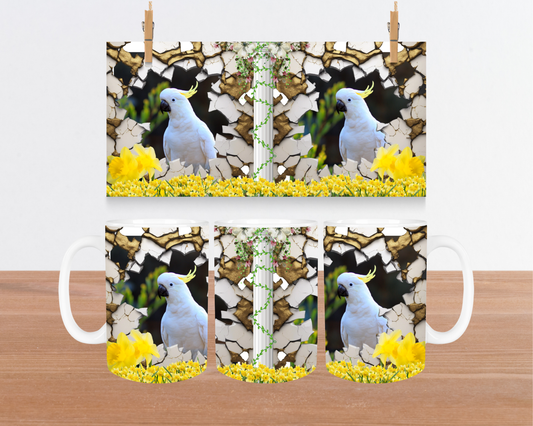Sulfur Crested Cockatoo with Daffodils and Pillar 15oz Ceramic Mug