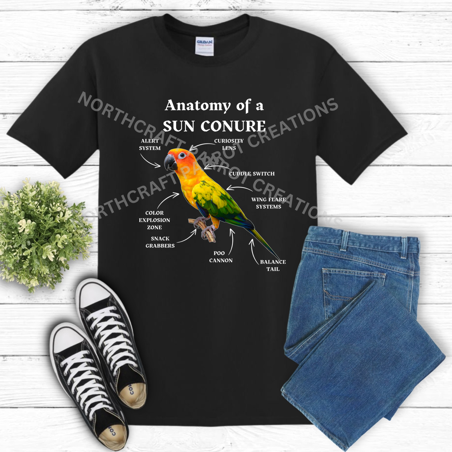 Sun Conure "Anatomy of a Sun Conure" Descriptive Labels 100% Cotton Parrot Shirt