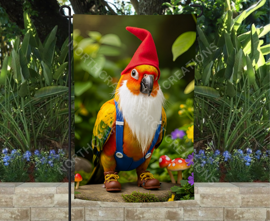 Sun Conure Garden Gnome with Red Hat and Mushroom Garden Flag