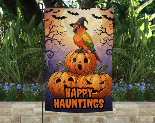 Sun Conure "Happy Hauntings" Halloween Garden Flag