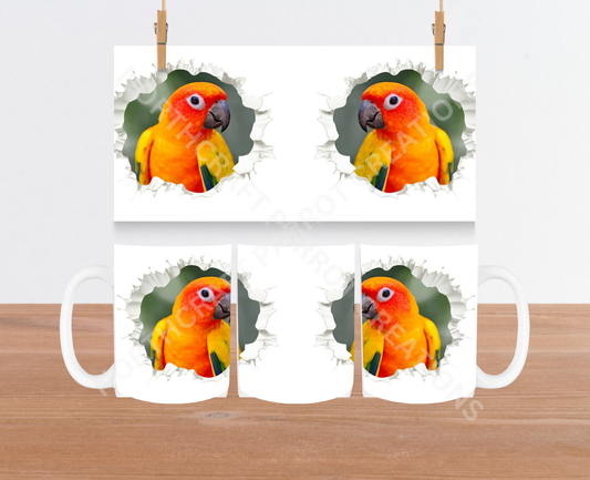 Sun Conure Head Shot in a Hole Frame 15oz Ceramic Mug