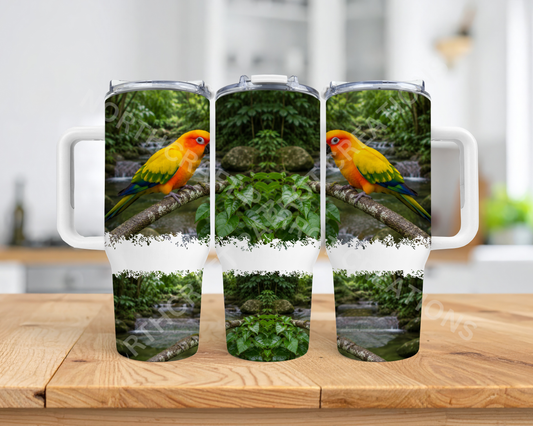 Sun Conure Perched on Branch (Mirror image) 40oz Stainless Steel Parrot Tumbler