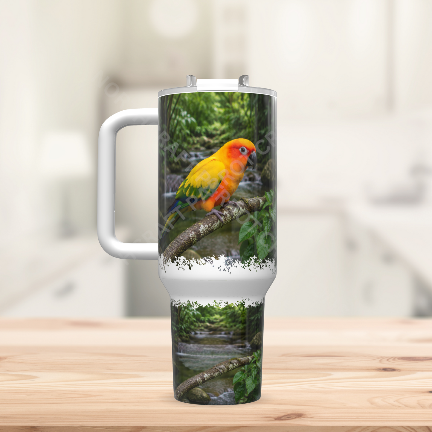 Sun Conure Perched on Branch (Mirror image) 40oz Stainless Steel Parrot Tumbler