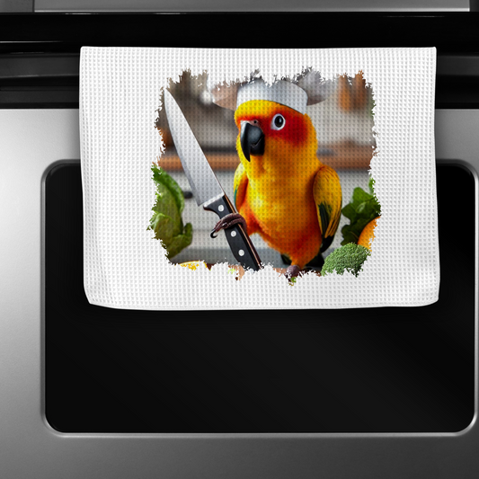 Sun Conure Holding a Knife Microfiber Kitchen Towel