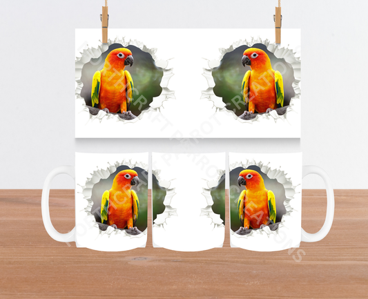 Sun Conure on Branch in Hole Frame 15oz Ceramic Mug