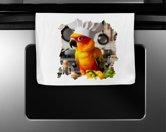 Sun Conure Wearing a Chef Hat Microfiber Kitchen Towel