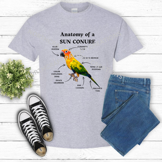 Sun Conure "Anatomy of a Sun Conure" Descriptive Labels 100% Cotton Parrot Shirt