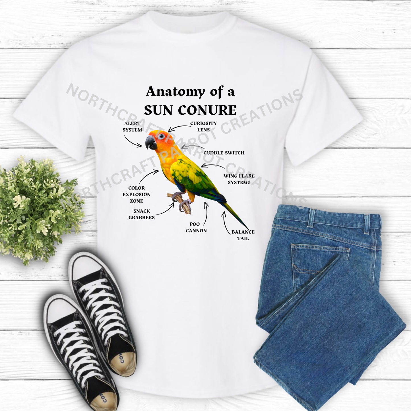 Sun Conure "Anatomy of a Sun Conure" Descriptive Labels 100% Cotton Parrot Shirt