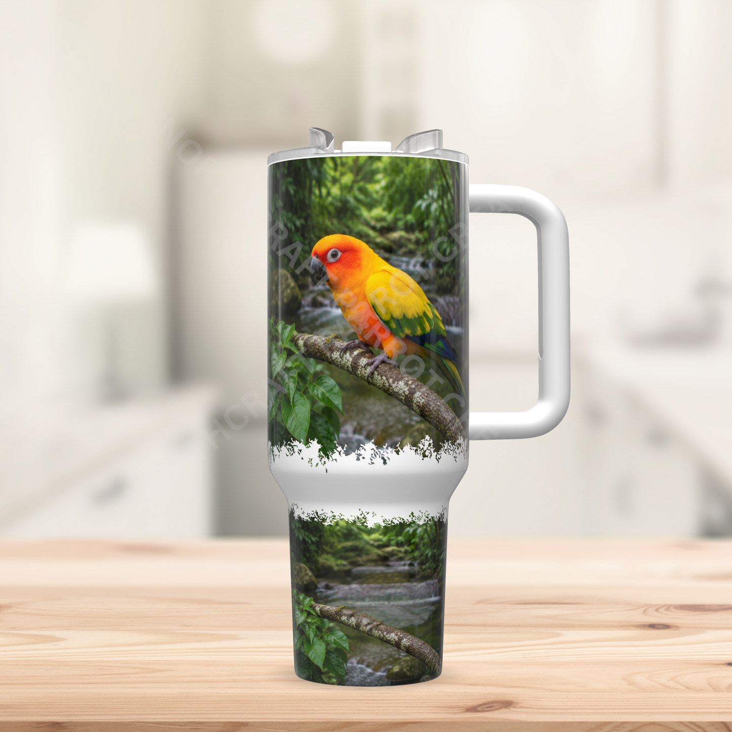 Sun Conure Perched on Branch (Mirror image) 40oz Stainless Steel Parrot Tumbler
