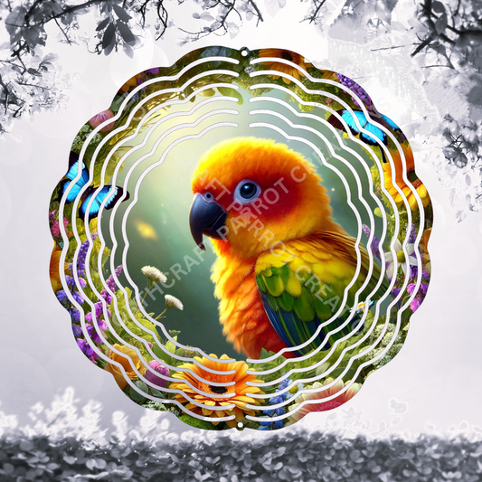 Sun Comure Amid Flowers with Blue Butterflies 8" or 10" Wind Spinner