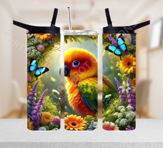 Sun Conure in Circle with Butterflies 20oz or 30oz Tumbler