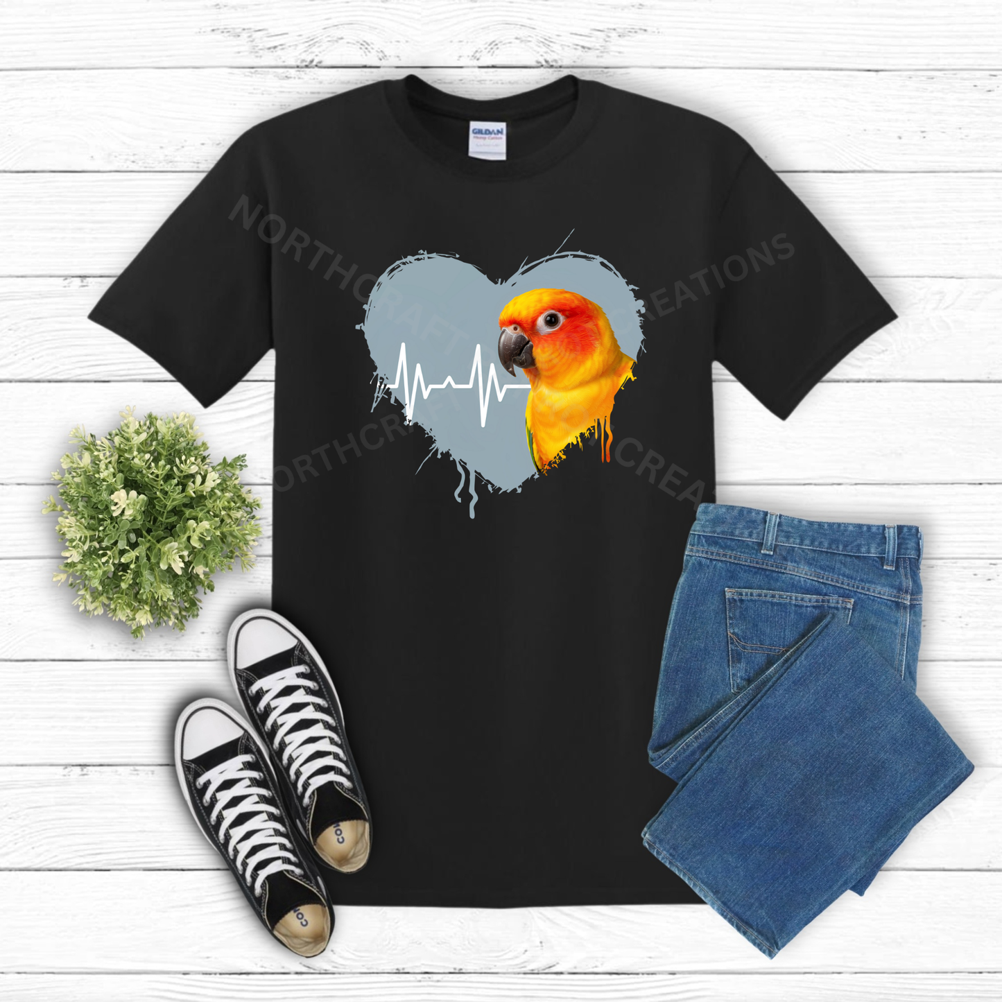 Sun Conure in heart with heartbeat line 100% Cotton Shirt