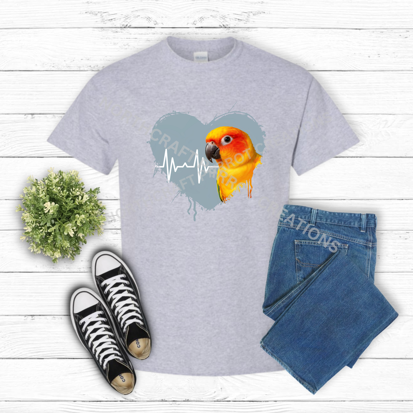 Sun Conure in heart with heartbeat line 100% Cotton Shirt