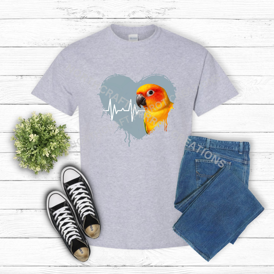 Sun Conure in heart with heartbeat line 100% Cotton Shirt