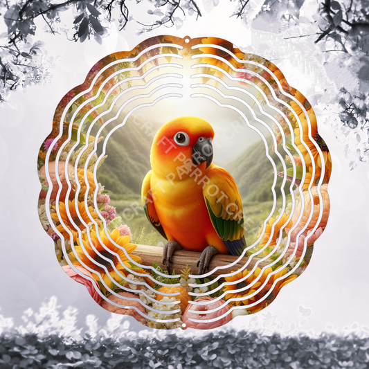 Sun Conure Surrounded by Sunflowers & Pink Flowers 8" or 10" Wind Spinner