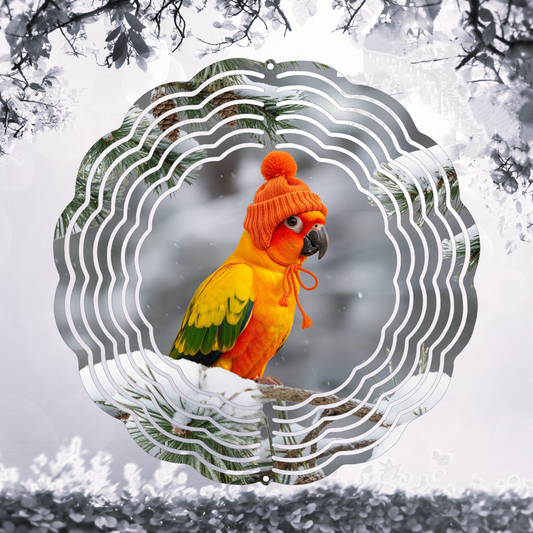 Sun Conure with a Hat on Snowy Branch 8" or 10" Wind Spinner