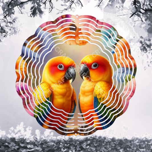 Sun Conure Pair Surrounded by Flowers 8" or 10" Wind Spinner